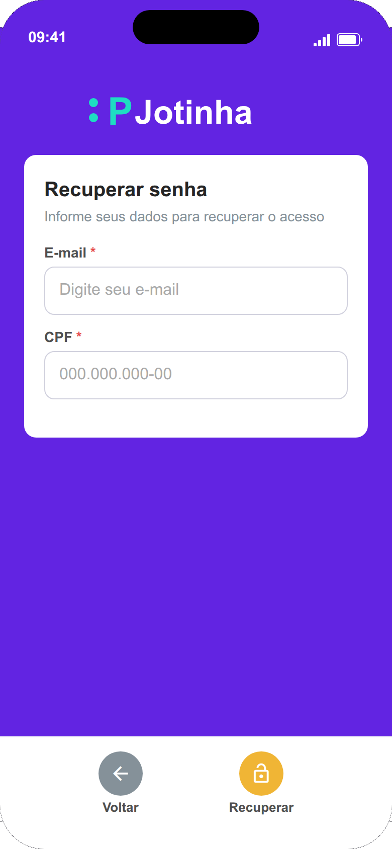 Tela de recuperacao de senha