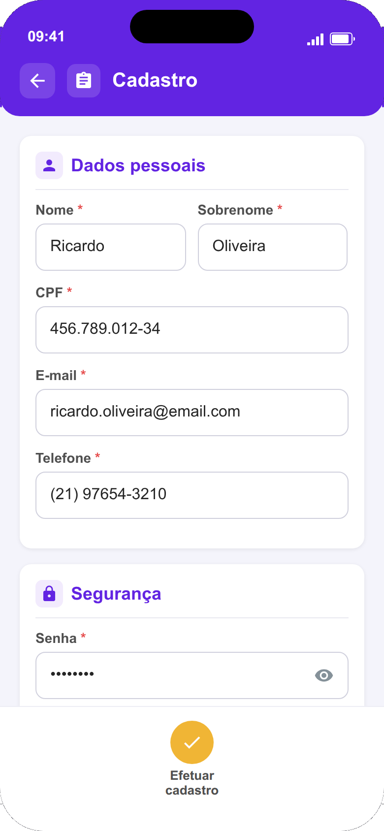 Tela de cadastro de usuario