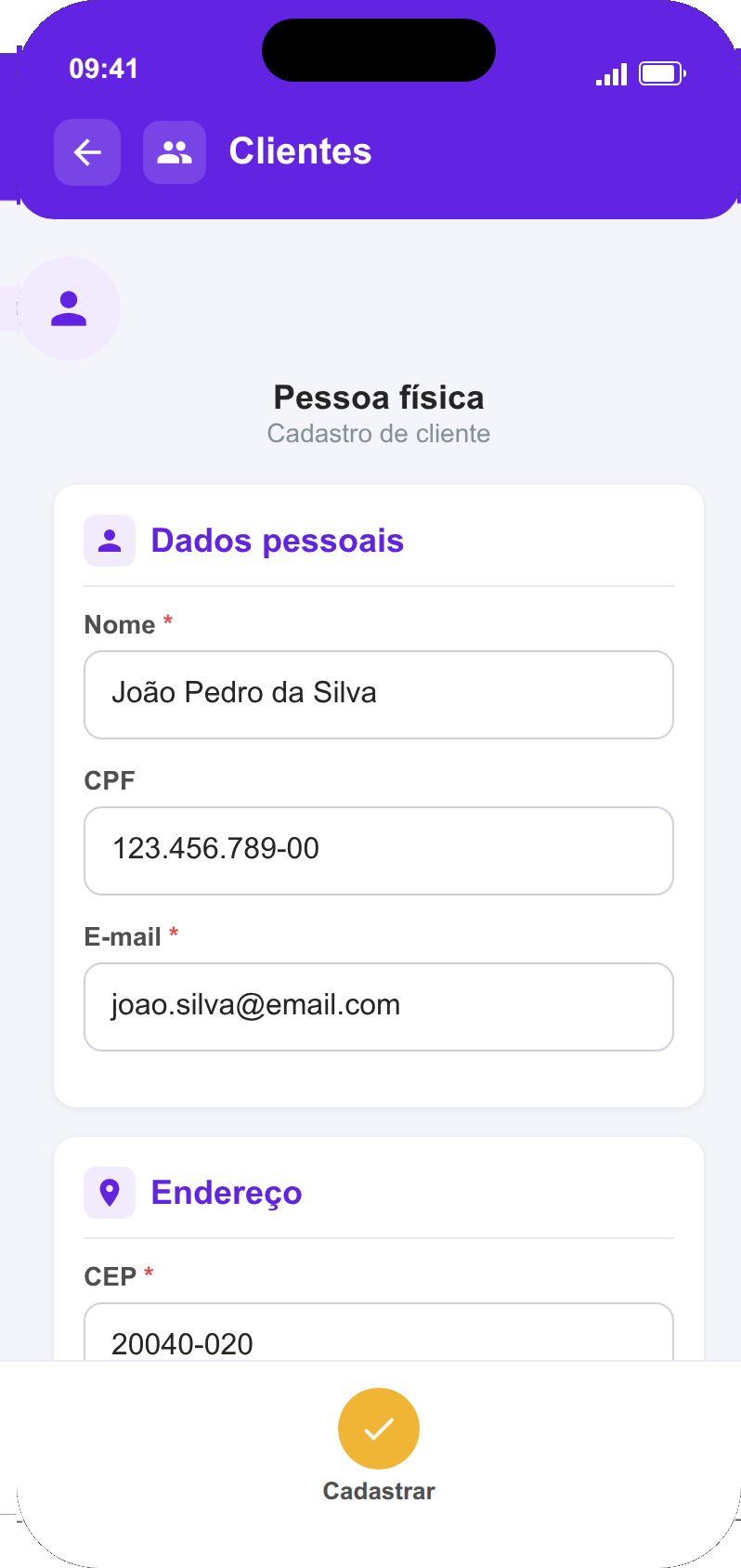 Cadastro de cliente pessoa fisica
