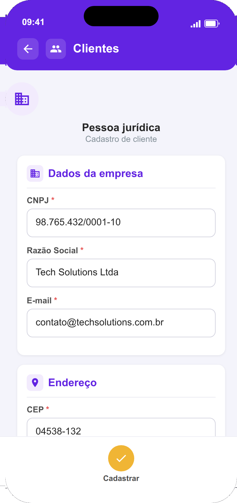 Cadastro de cliente PJ
