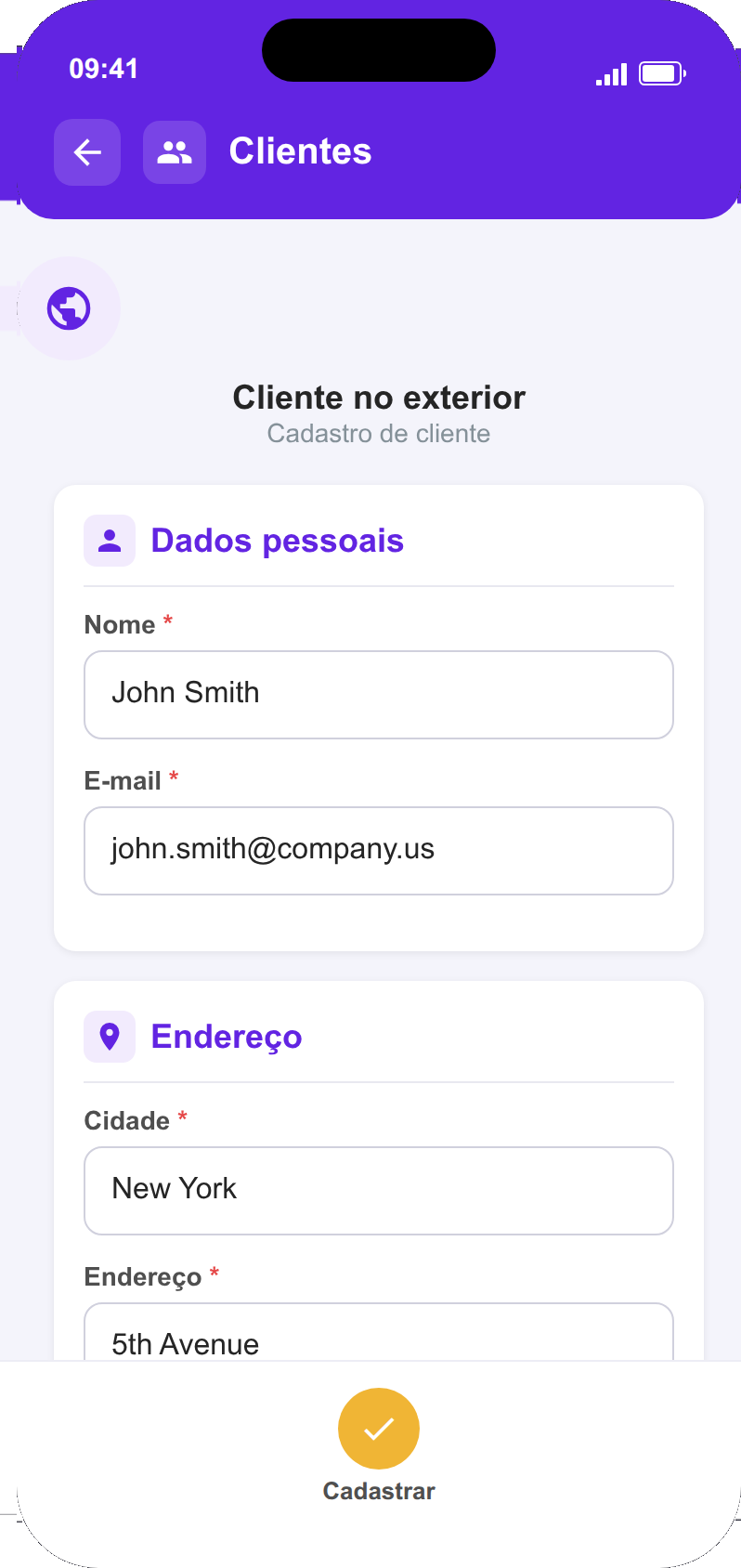Cadastro de cliente exterior