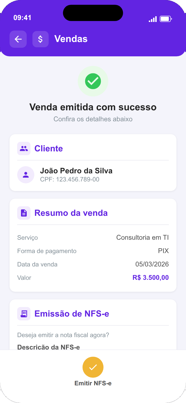 Tela de sucesso da venda