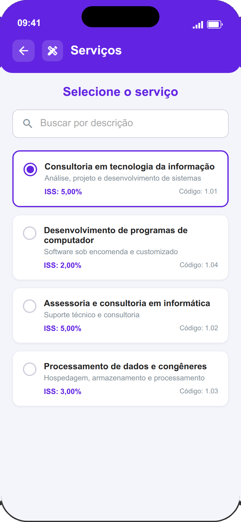 Tela de selecao de servico