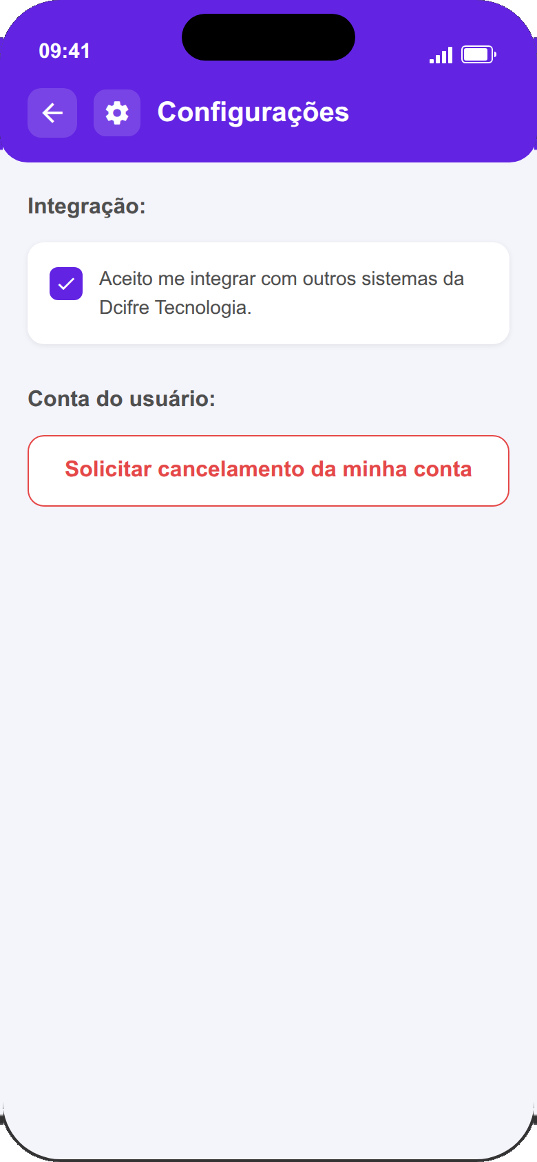Tela de configuracoes